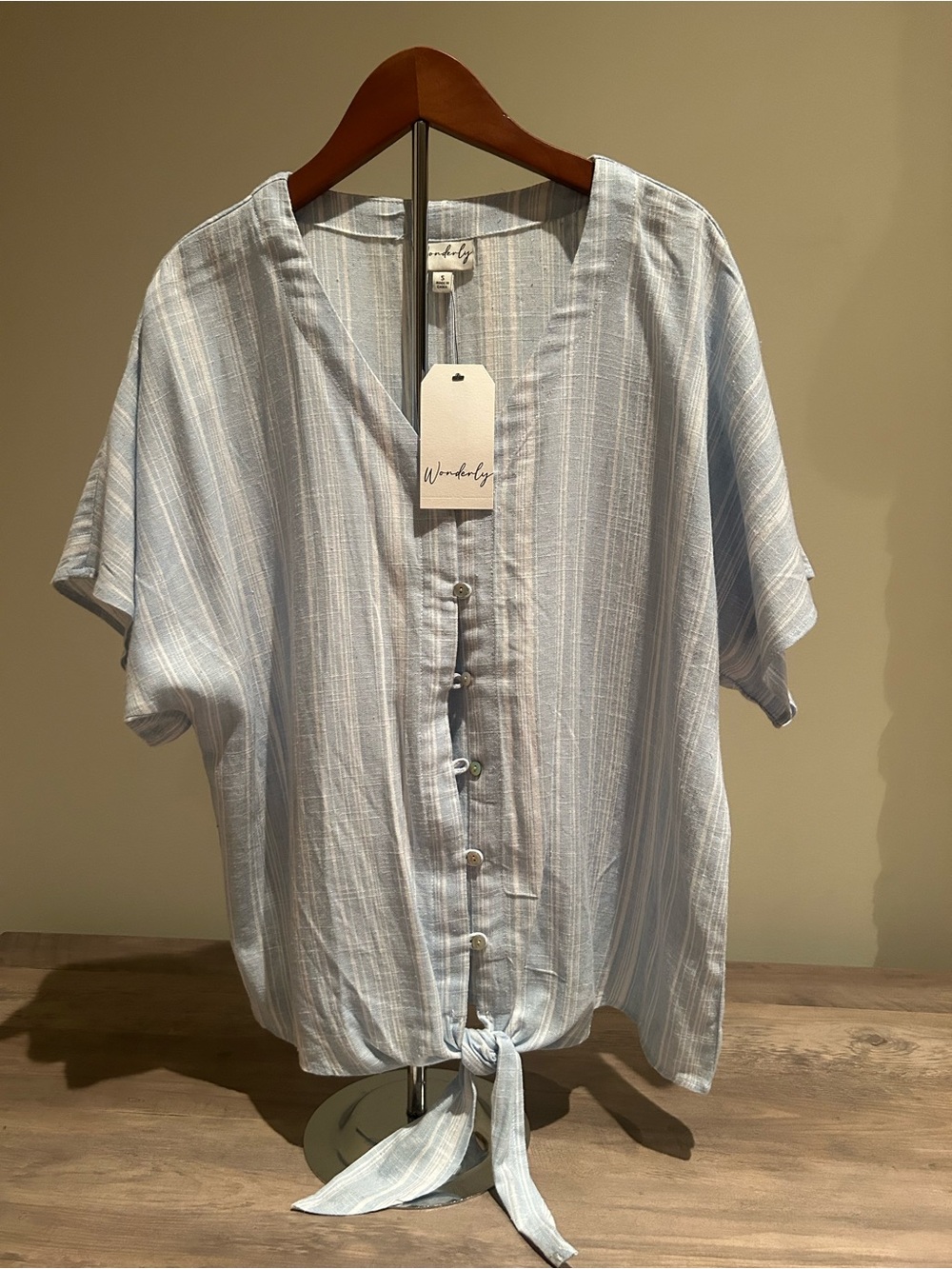 Wonderly Pale Blue & White Striped Button-Front Tie Hem Blouse